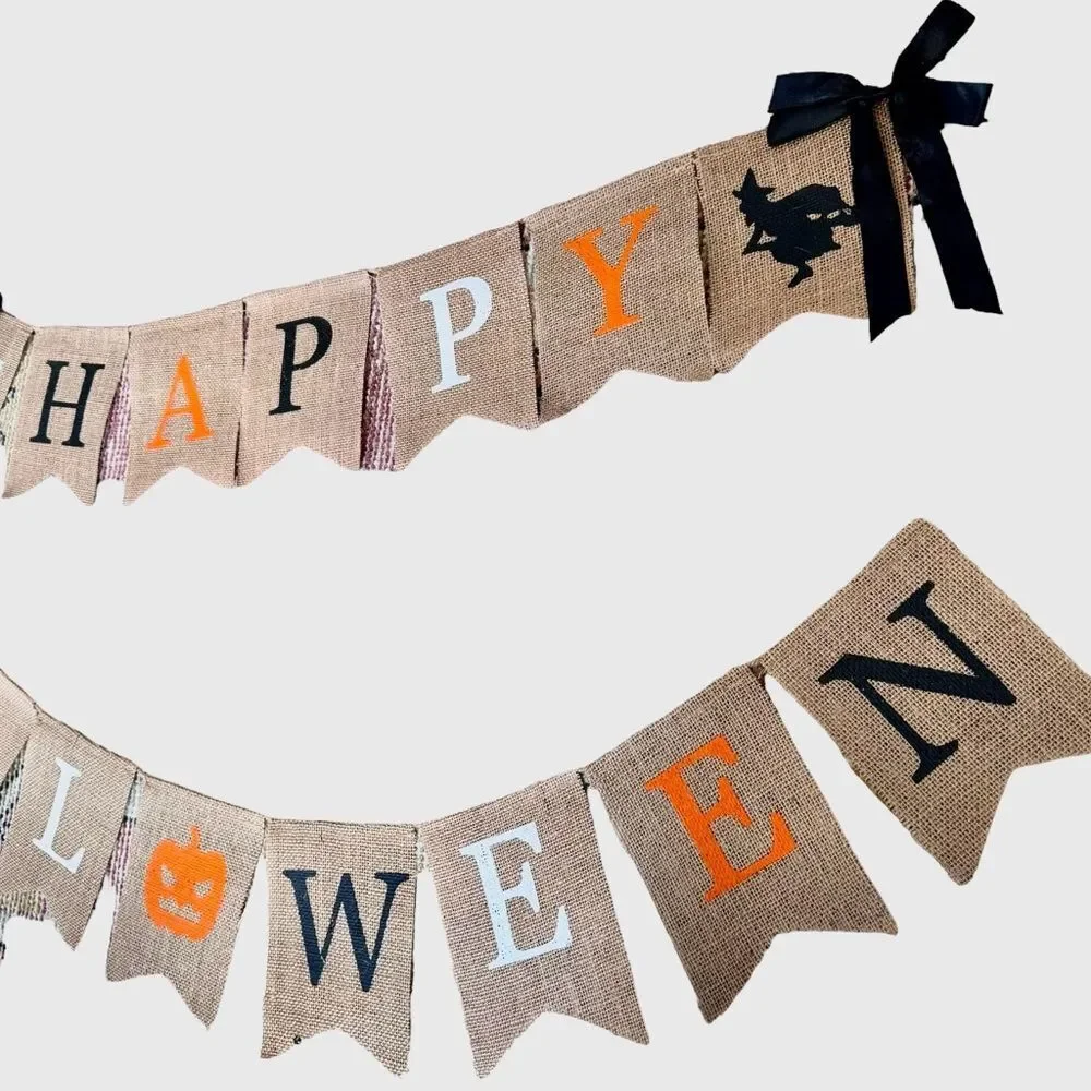 Happy Halloween Burlap Banner Pumpkin Witch Ghost Party Fall Autumn Decoration.